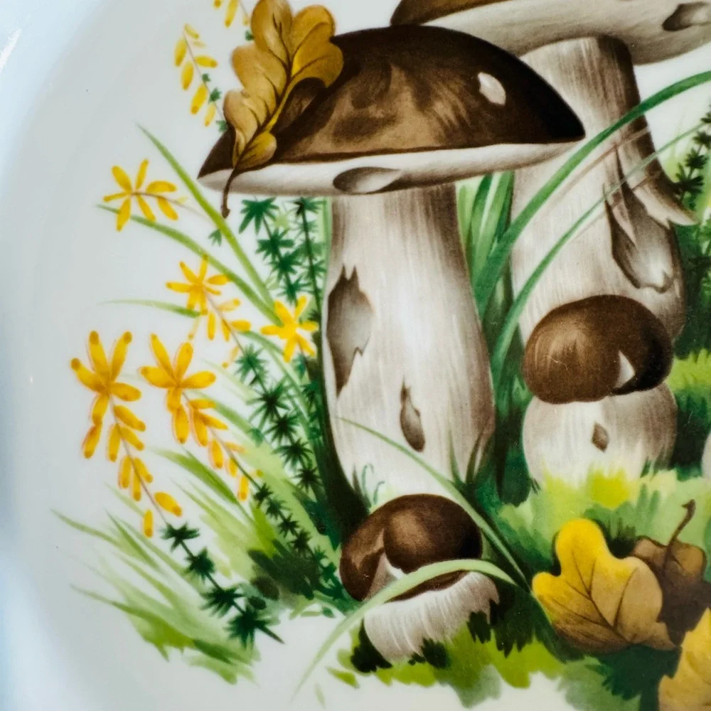 Vtg French Louise Lourioux Wild Mushroom Porcelain 11” diameter baking dish
